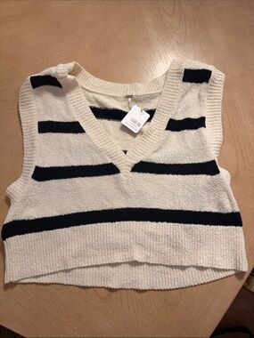 Free People Cream and Black Striped V‑Neck Tank